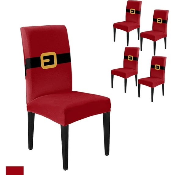 Dining Chair Slipcover, Merry Christmas Santa Claus Belt Red Stretch Kitchen Chair Covers Removable Parsons Chair Protector Covers for Dining Room Banquet Party, Set of 6