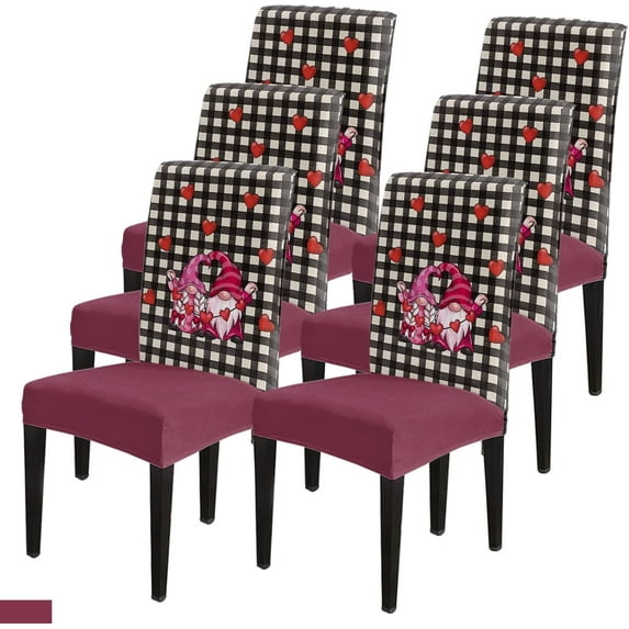 Dining Chair Slipcover, Valentine''s Day Gnome Couple Pink Heart Black Buffalo Check Stretch Kitchen Chair Covers Removable Parsons Chair Protector Covers for Dining Room Banquet Party, Set of 6