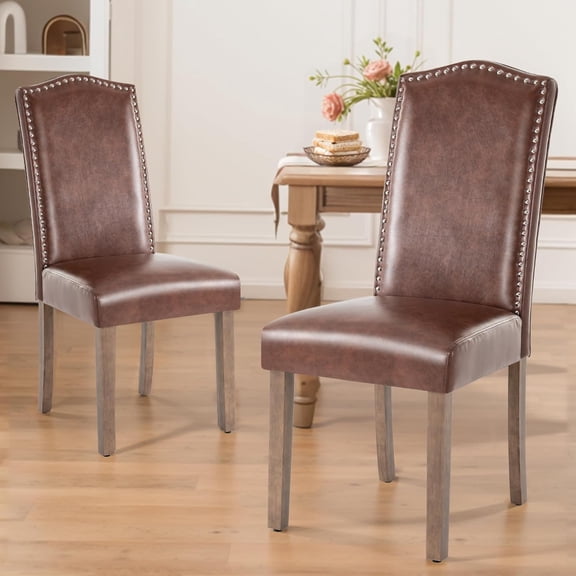 Dining Chair Stylish Parsons Kitchen with Silver Nailhead Trim & Wood Legs, 2-Pack, PU Light Brown