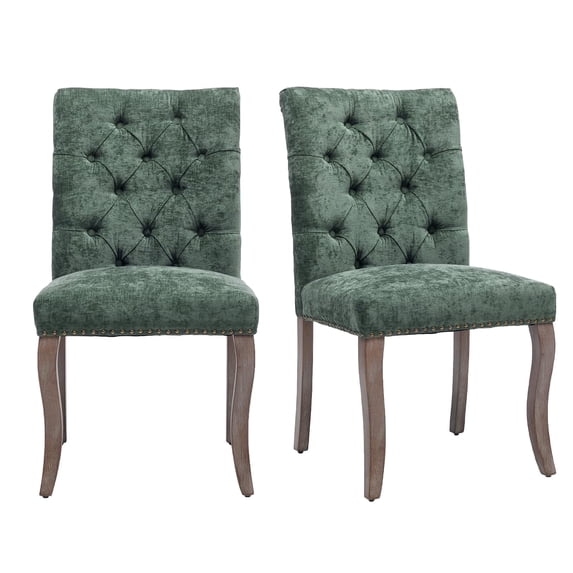 QuzyAor Tufted Chenille Dining Chair for Kitchen Living Room, Solid Wood Legs Farmhouse Accent Chair, Set of 2, Olive Green