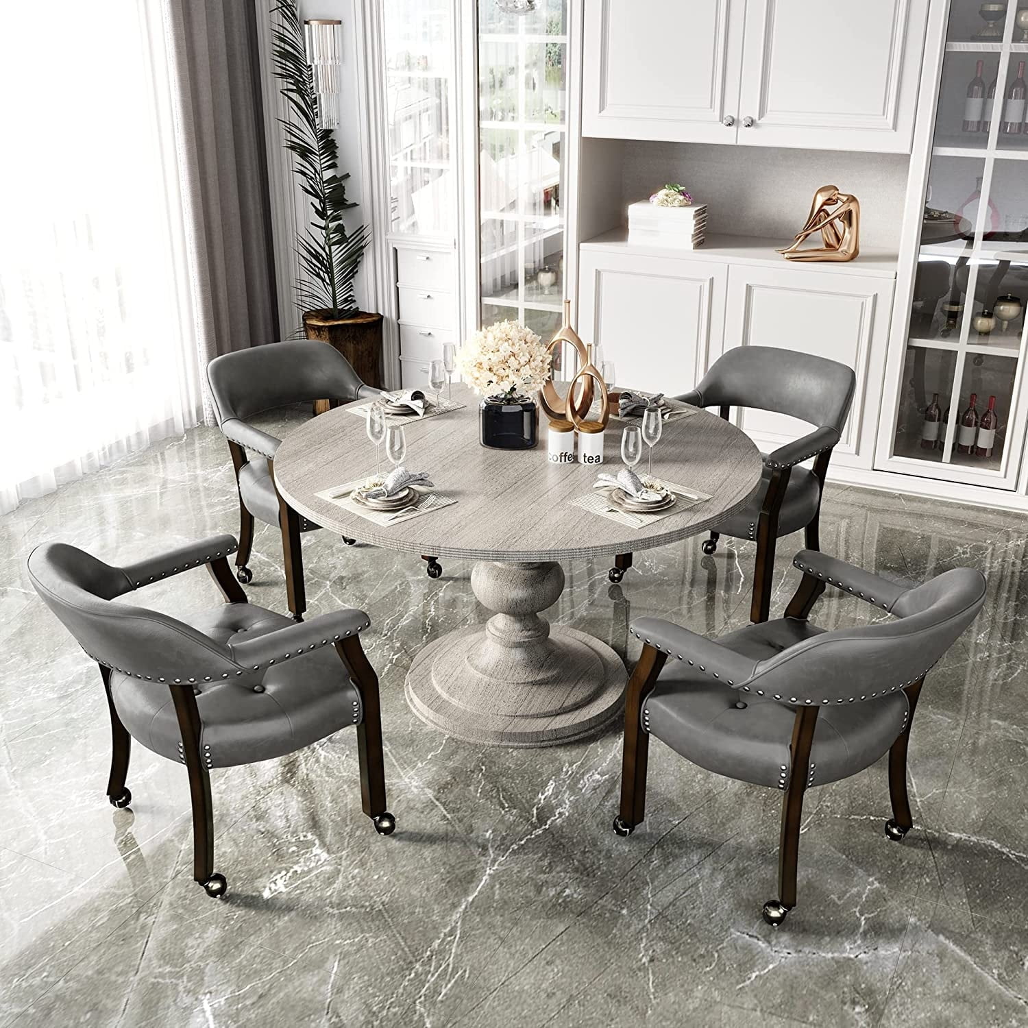 Dining Chair with Casters Leather Chair with Caster Nailhead Dining Chairs with Rollers Charcoal Gray Single