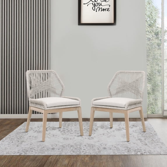 Dining Chair with Woven Rope Back, Set of 2,Brown and Gray- Saltoro Sherpi
