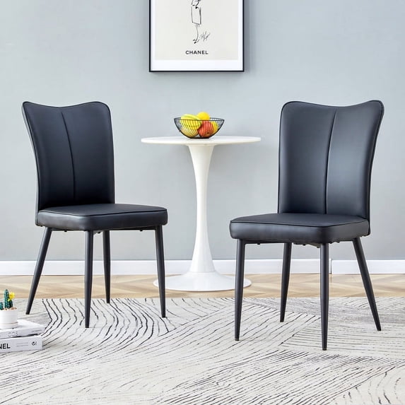 Dining Chairs 2-Piece Set, Modern PU Leather Dining Chairs with Curved Backrest and Seat Cushions, Accent Chair with Metal Legs for Dining Room, Living Rooms, Black