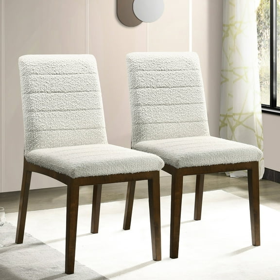 Dining Chairs Of 2 - White Boucle Covering, Solid Wood Construction, Foam Padding, Mid-century Style Modern Chair (2) Legs, Foam-padded Back, Pleasant