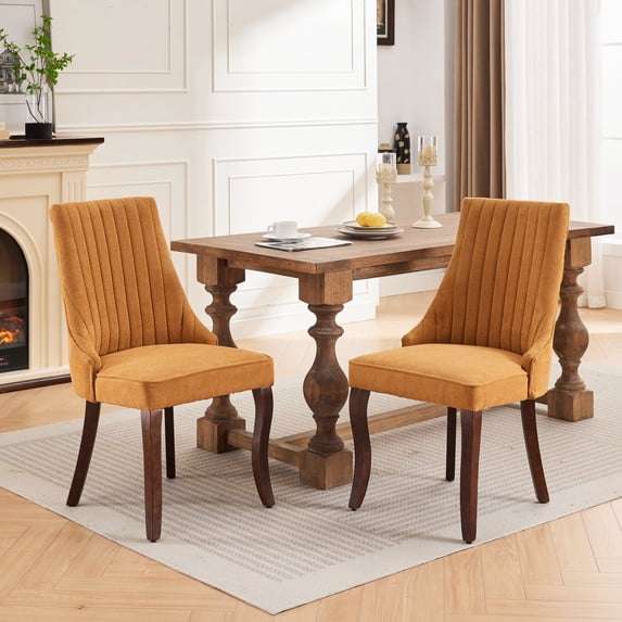 Dining Chairs Of 2 In Yellow, Rayon Cloth Linen Fabric, High For Superior Sitting, Cushion With Rebound Sponge, Steel Springs And Rubber Bands, Curved Solid Wood Legs, American Style Room Chair 2
