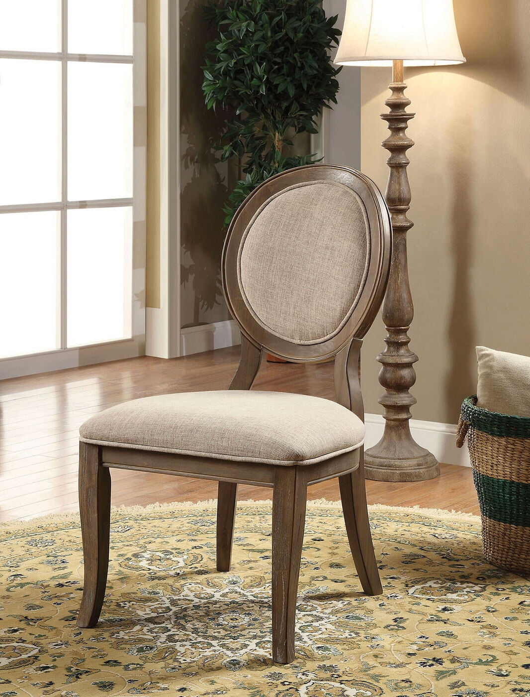 Beige Linen Upholstered Rustic Oak Side Chair Set