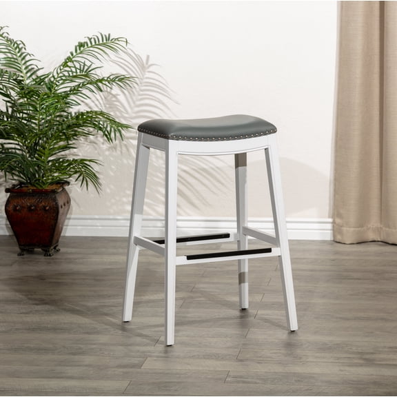 Dining Chairs 30" Bar Height Saddle Stool, White Finish, Gray Leather Seat,Wooden Dining Chairs
