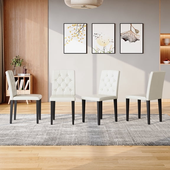 Dining Chairs 4-pack white PU dining chairs: ergonomic buckle backrest, 35 inches high, black metal legs,Combines Comfort and Texture.Perfectly suitable for family dining rooms, hotel banquet halls,e