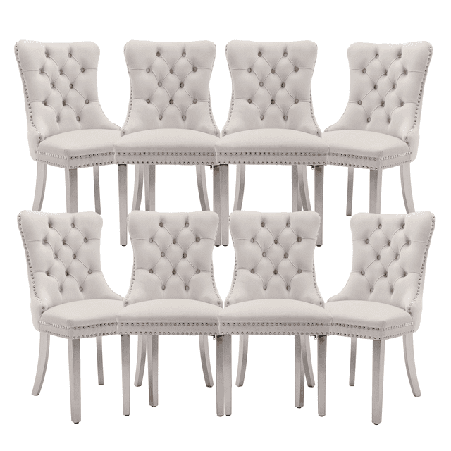 Dining Chairs, Accent Diner Chairs with Nailhead Trim and Back Ring Pull, Velvet Fabric Dining Room Chairs, Side Chair Kitchen Chairs with Chrome Stainless Steel Plating Legs (Set of 8)