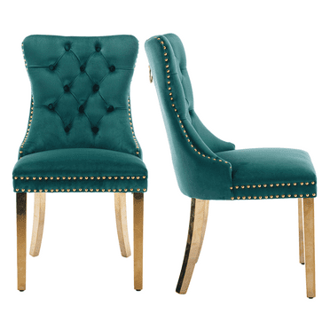 Dining Chairs, Accent Diner Chairs with Nailhead Trim and Back Ring Pull, Velvet Fabric Dining Room Chairs, Side Chair Kitchen Chairs with Golden Stainless Steel Plating Legs (Set of 2)