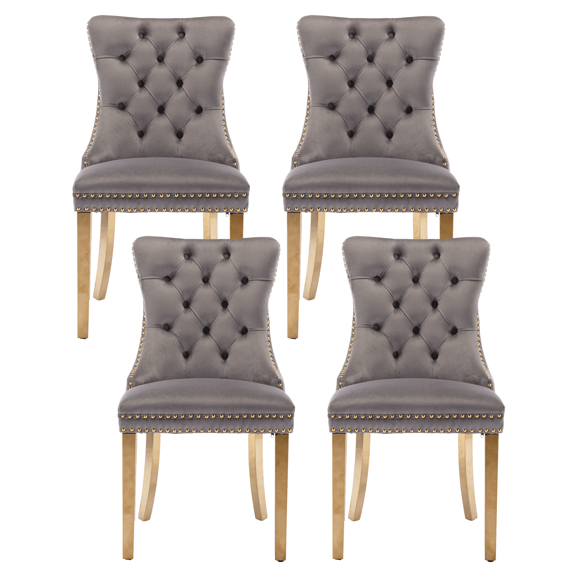 Dining Chairs, Accent Diner Chairs with Nailhead Trim and Back Ring Pull, Velvet Fabric Dining Room Chairs, Side Chair Kitchen Chairs with Golden Stainless Steel Plating Legs (Set of 4)