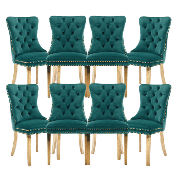 Dining Chairs, Accent Diner Chairs with Nailhead Trim and Back Ring Pull, Velvet Fabric Dining Room Chairs, Side Chair Kitchen Chairs with Golden Stainless Steel Plating Legs (Set of 8)