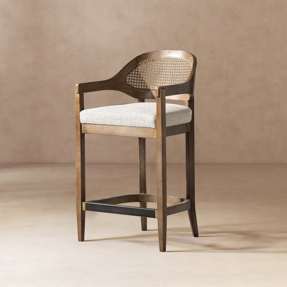 Dining Chairs Americana Mid-Century Modern 26" Cane Back Counter Stool, Two-Tone Neutral Gray Polyester Wool Blend,Fabric Dining Chairs
