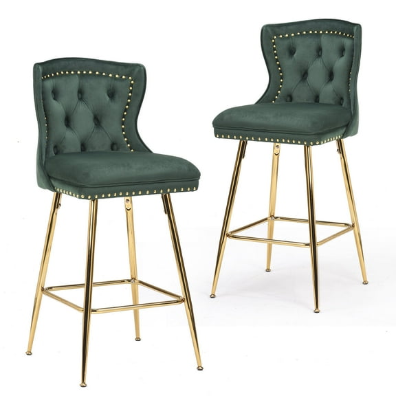 Dining Chairs Bar Stools Set of 2, Velvet Counter Height Bar Stools with Metal Legs, Button Tufted and Nailheads Trim, Wing-Back Bar Chairs for Kitchen Island Dining Room Pub, Green,Dining Room Seati
