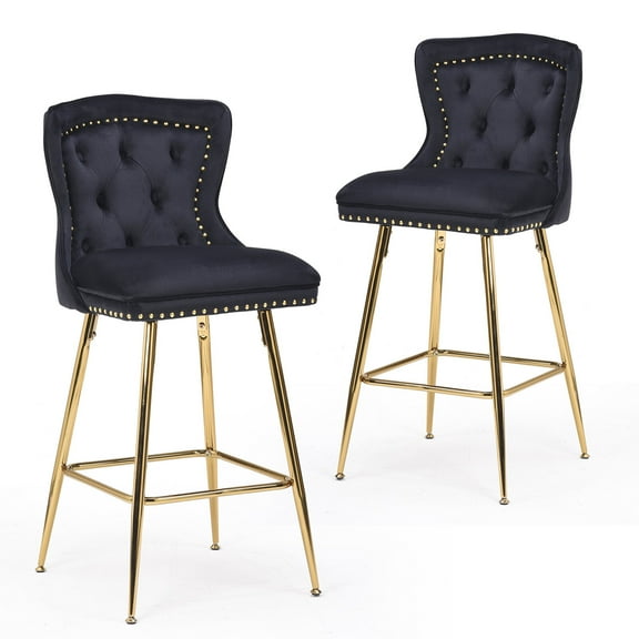 Dining Chairs Bar Stools Set of 2, Velvet Counter Height Bar Stools with Metal Legs, Button Tufted and Nailheads Trim, Wing-Back Bar Chairs for Kitchen Island Dining Room Pub,Black,Dining Room Seatin