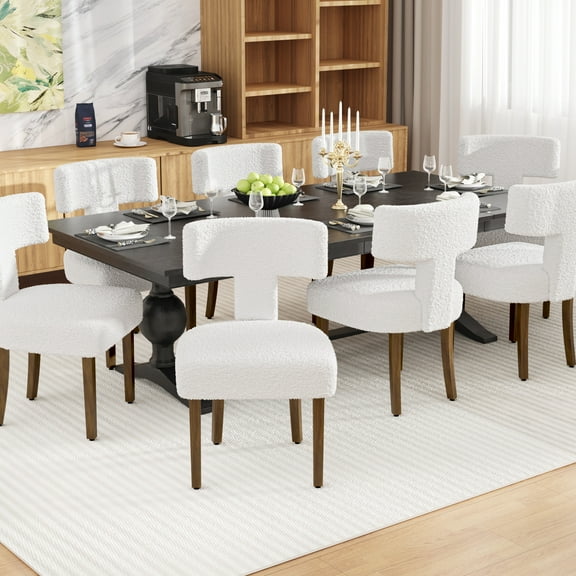 DONICK T-Shape Back Upholstered Dining Chairs Set of 8,Lambswool Fabric Modern Wooden Armless Side Chair for Dining Room Kitchen Living Room Bedroom(Beige)