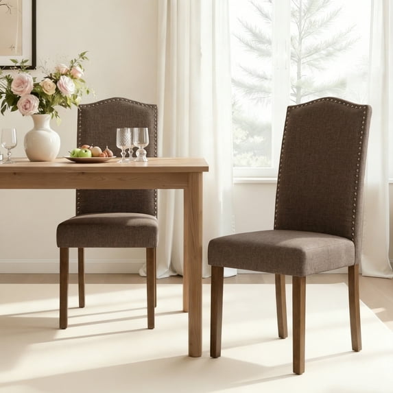 Dining Chairs Brown Modern Upholstered Fabric Dining Chairs with Nailhead Trim, Set of 2