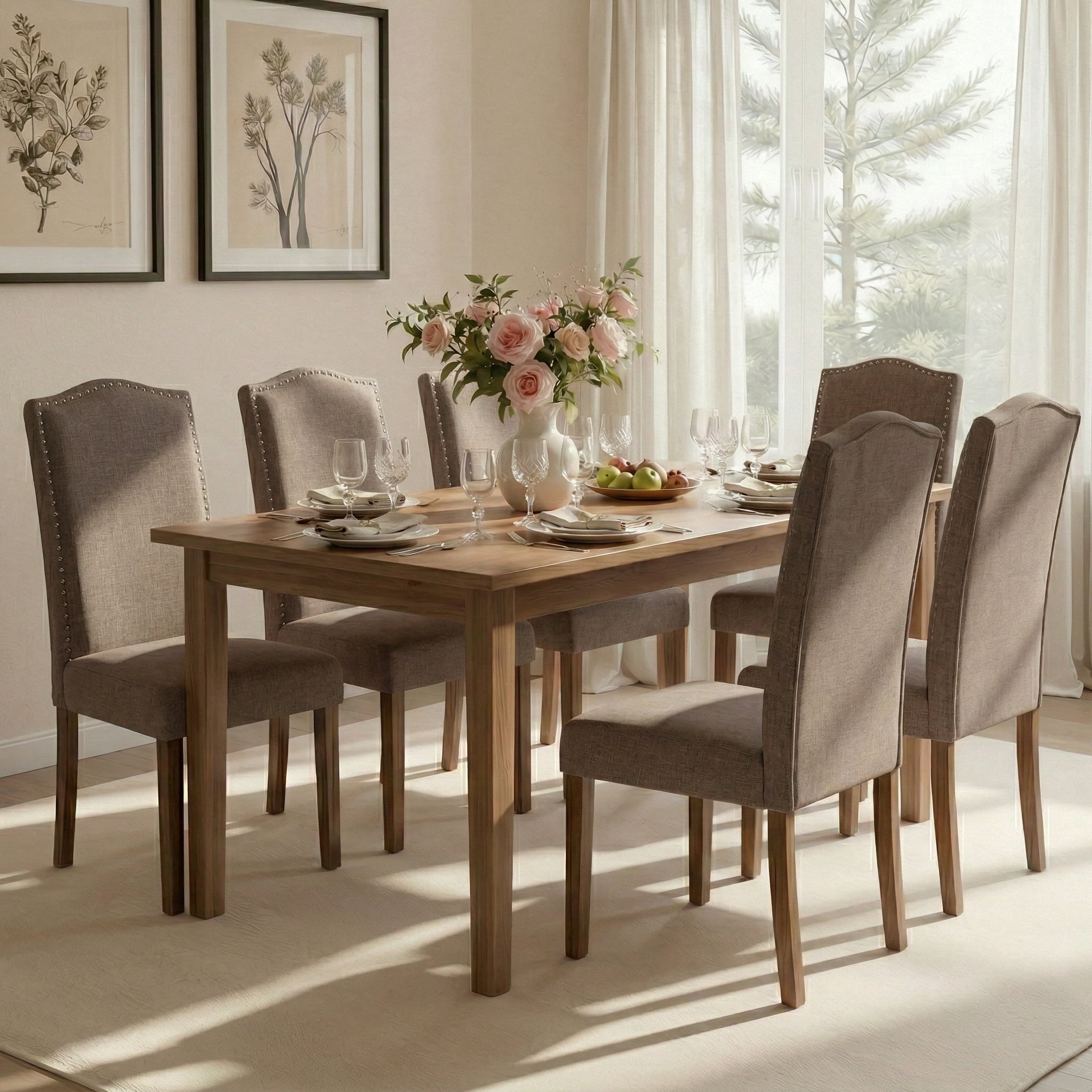 Dining Chairs Brown Modern Upholstered Fabric Dining Chairs with Nailhead Trim, Set of 6