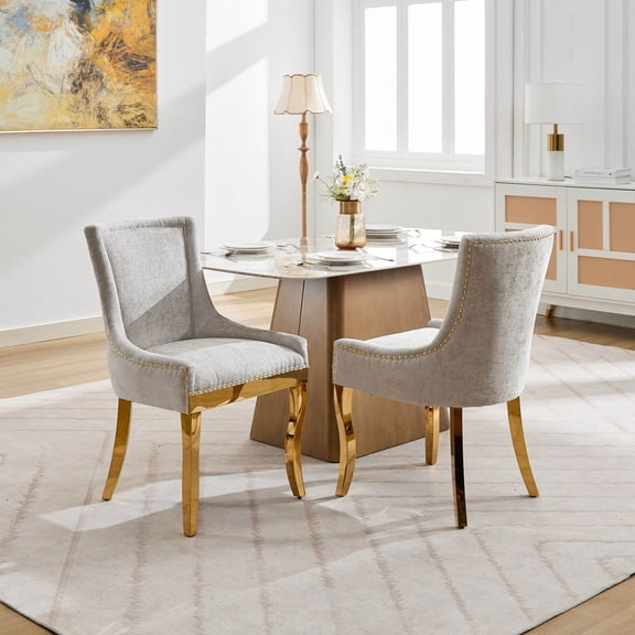 Dining Chairs Chenille Dining Chairs, Modern Style with Curved Gold - Plated Legs & Rivet Trim, Upholstered Comfort for Dining/Lounge, Accent Seating with Textured Fabric & One - Piece Structure, Bei