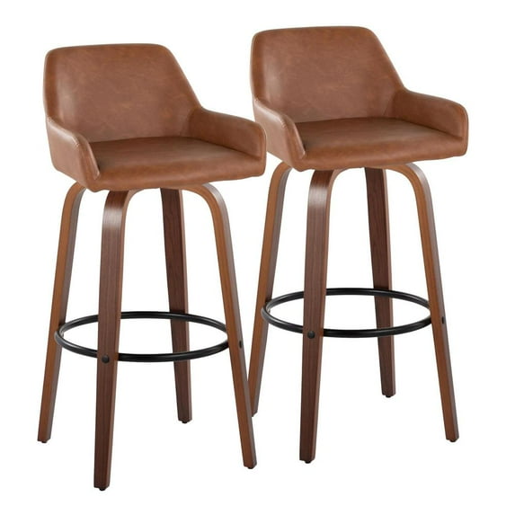 LumiSource Walnut Wood, Black Metal, Camel PU Daniella 30" Fixed-Height Barstool - Set of 2