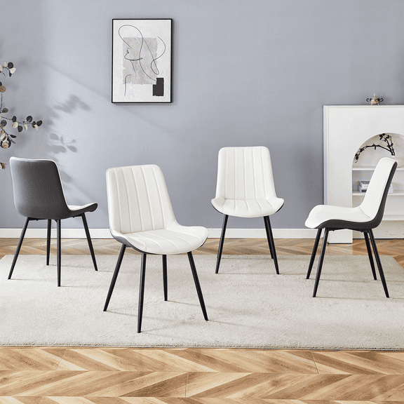 Dining Chairs Extended Seat Cushion PU Dining Chair Set - Four Pieces.Smooth line design.Can integrate well into various modern home decoration styles.White and Dark Gray Splicing Colors.,Wooden Dini