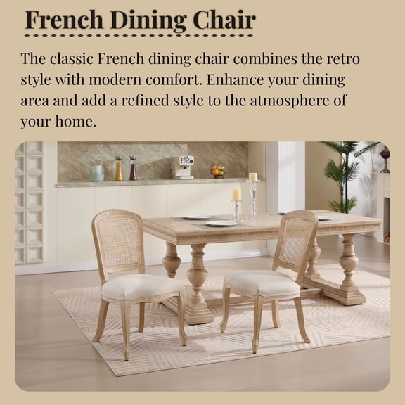 Dining Chairs French Country Dining Chairs Set of 2, Upholstered Chairs with Nature Rattan Fan-shaped Back, Wire drawing and carving techniques ,Disassemblable , for Living Room, Kitchen , Restaura