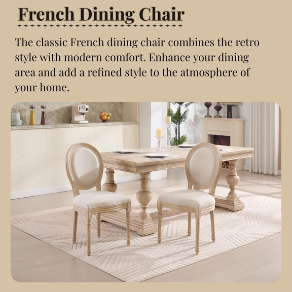 Dining Chairs French Country Dining Chairs Set of 2, Upholstered Chairs with Round Back, Wire drawing and carving techniques ,Disassemblable , for Living Room, Kitchen , Restaurant Use, Beige,Dini