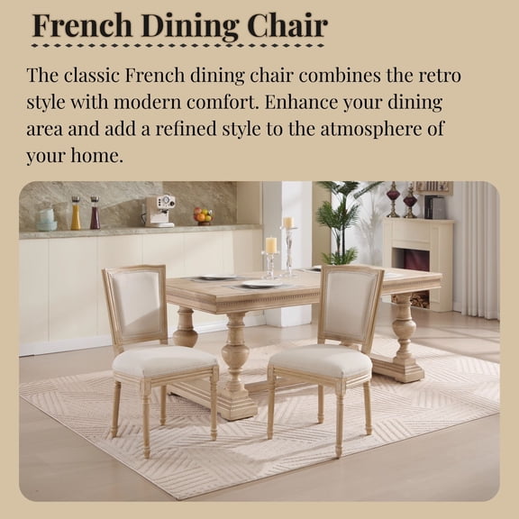 Dining Chairs French Country Dining Chairs Set of 2, Upholstered Chairs with T-shaped Back, Wire drawing and carving techniques ,Disassemblable , for Living Room, Kitchen , Restaurant Use, Beige,D