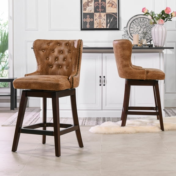 Dining Chairs Holmes Tufted High-Back 360 Swivel Counter-Height Barstool, Tan Brown Faux Leather,Dining Room Seating