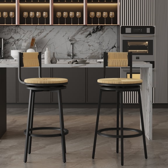 Dining Chairs Honey Swivel Bar Stools Paper Rope Handwoven Barstools with Back Set of 2 Rustic Round Counter Chairs for Dining Room, Kitchen Island (Honey),Wooden Dining Chairs