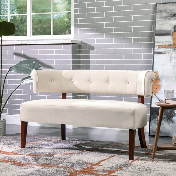 Dining Chairs Jared Roll Arm Tufted Bench Settee, Sky Neutral Beige Polyester,Dining Room Seating