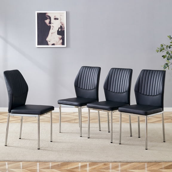 Dining Chairs Luxury Simple Chair - Set of 4 BLACK PU Material High Resilience Dining Chair with Metal Silver Leg.The Chair Back Has a Vertical Stripe Design With Smooth And Uniform Lines.,Wooden Din