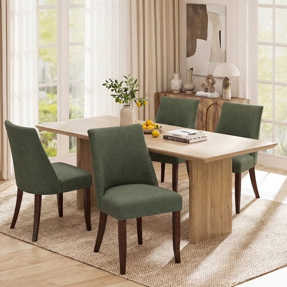 AFO Upholstered Dining Chair with Solid Wood Legs & Padded Seat, Wood Mid Century Side Chair for Kitchen Desk, Dining Room and Restaurant, Set of 4, Green