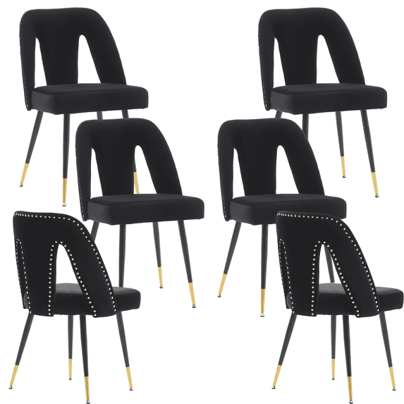Dining Chairs, Modern Kitchen Dining Room Chairs, Upholstered Dining Accent Side Chairs in Velvet Cushion Seat with Nailheads and Gold Tipped Black Metal Legs (Set of 6)