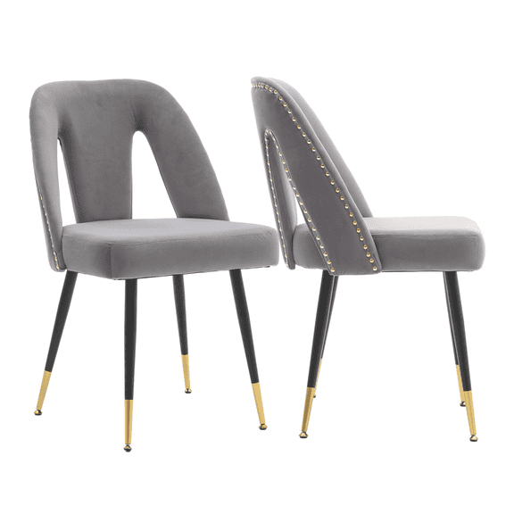 Dining Chairs, Modern Kitchen Dining Room Chairs, Upholstered Dining Accent Side Chairs in Velvet Cushion Seat with Nailheads and Gold Tipped Black Metal Legs (Set of 2)