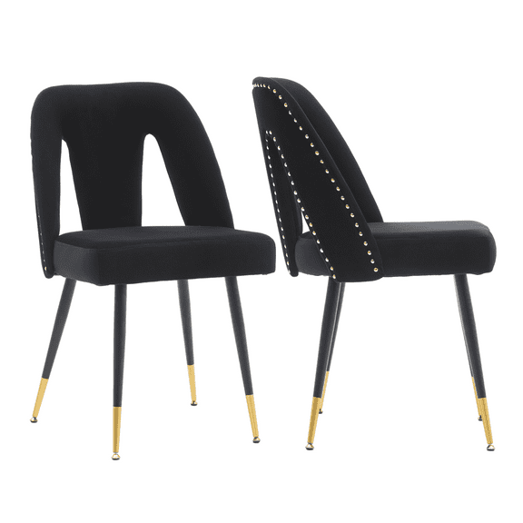 Dining Chairs, Modern Kitchen Dining Room Chairs, Upholstered Dining Accent Side Chairs in Velvet Cushion Seat with Nailheads and Gold Tipped Black Metal Legs (Set of 2)