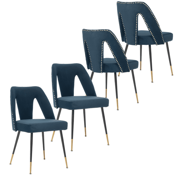 Dining Chairs, Modern Kitchen Dining Room Chairs, Upholstered Dining Accent Side Chairs in Velvet Cushion Seat with Nailheads and Gold Tipped Black Metal Legs (Set of 4)