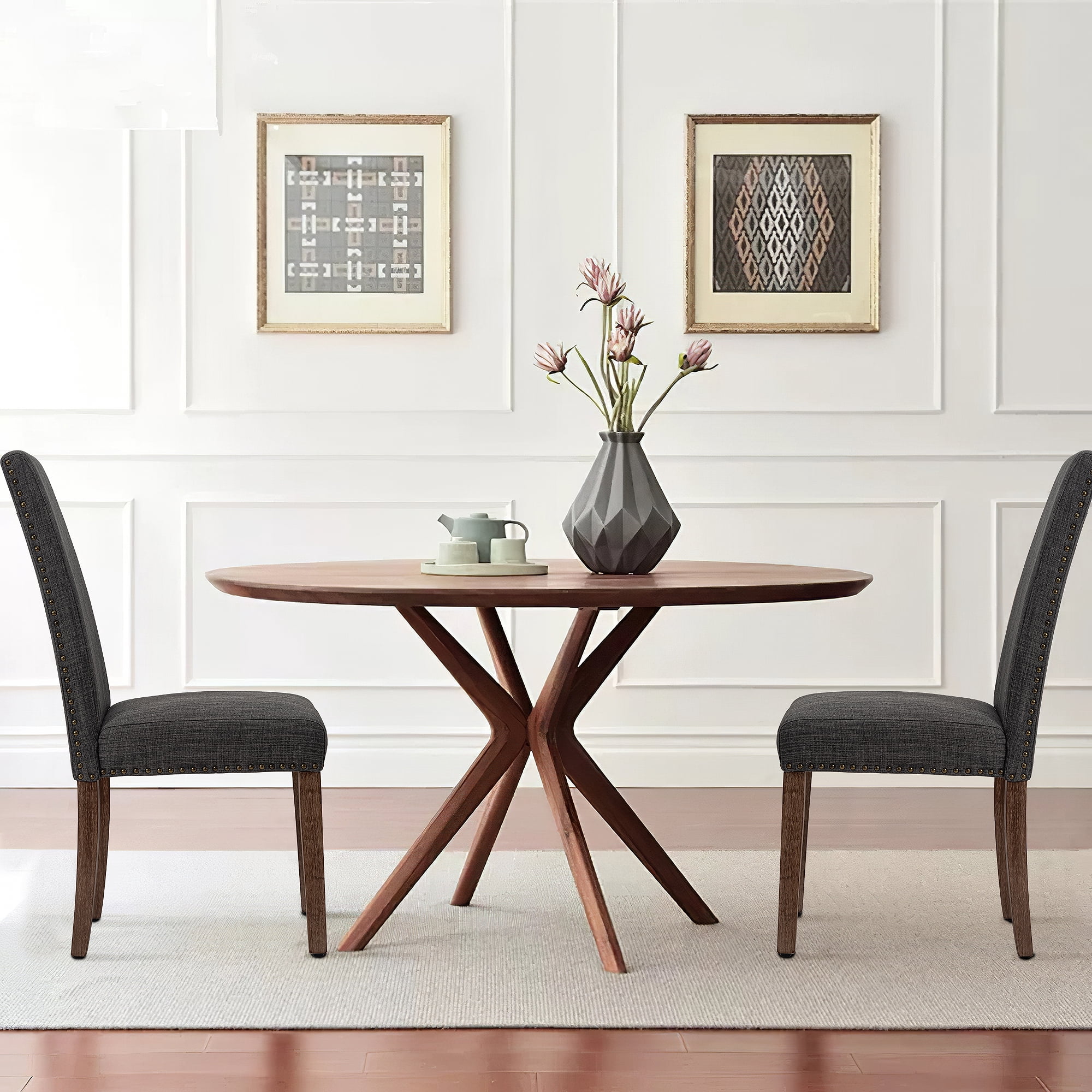 Dining Chairs Modern Upholstered Set of 2 Fabric Dining Chairs with Wood Legs Gray