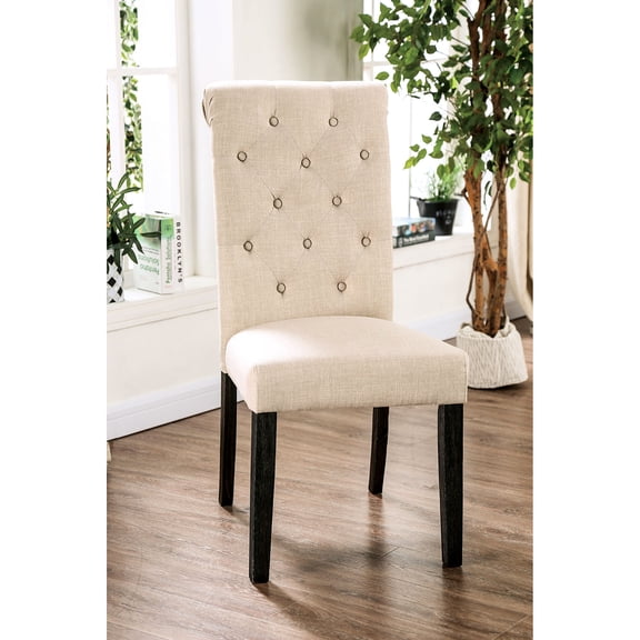 Dining Chairs Of 2, Linen Fabric, Rustic Look, Solid Wood, Button ( 2), Back Design