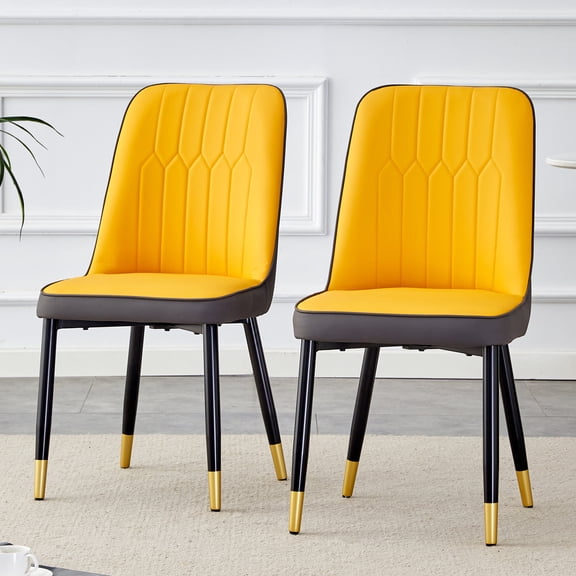 Dining Chairs Orange yellow and dark gray stitching style, equipped with artificial leather cushioned seats, suitable for kitchen, living room, and dining room , 2-piece set (orange yellow and dark g