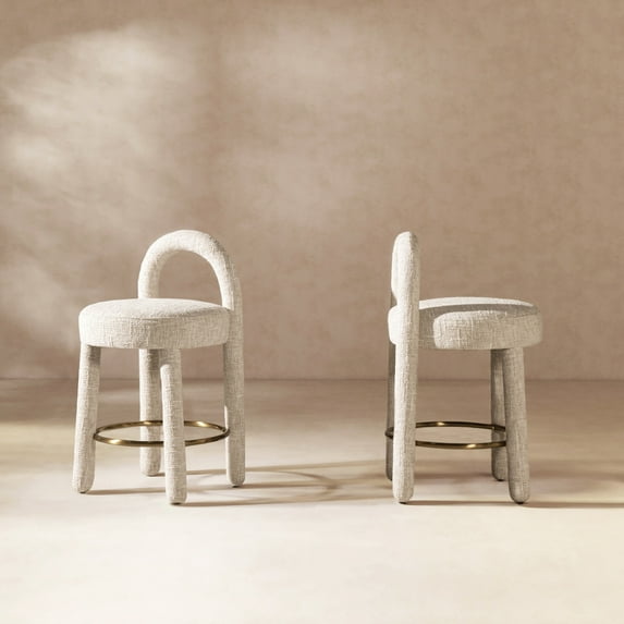 Dining Chairs Penny 26.5" Round Arched Upholstered Counter Stool, Set of 2, Travertine Beige Chenille,Dining Room Seating