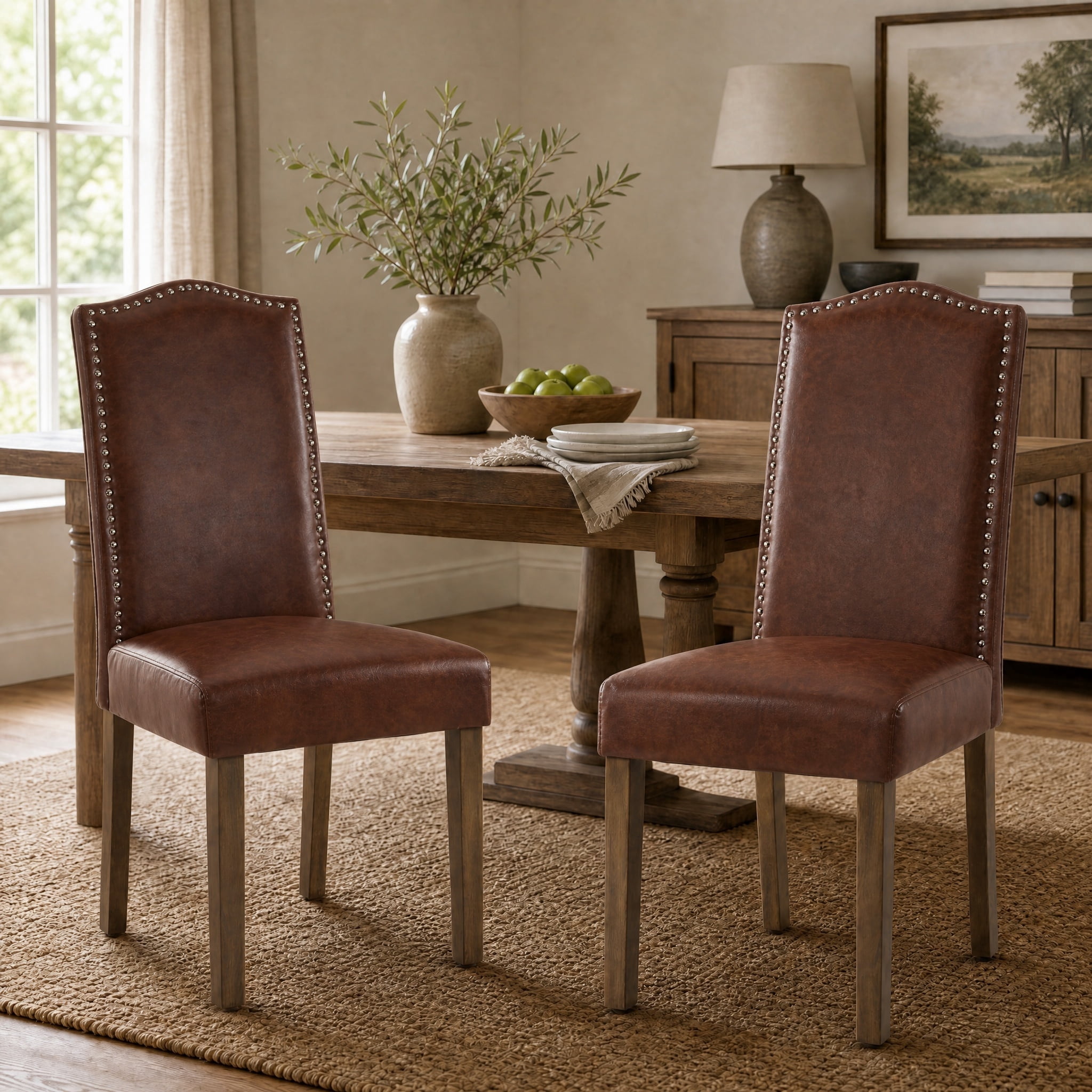 Snugway Modern Faux Leather Dining Chairs, Reddish Brown with Nailhead Trim, Set of 2