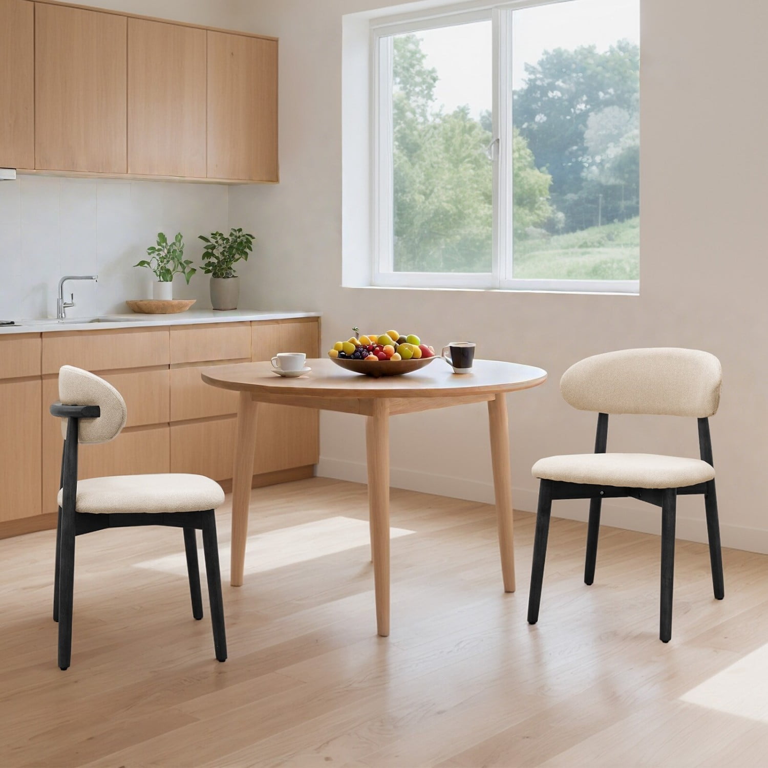 Dining Chairs Set of 2 Beige Cotton Linen Upholstered Dining Chairs with Black Solid Wood Legs Armless Kitchen Chairs for Dining Room Living Room Restaurant Meeting Room, Beige