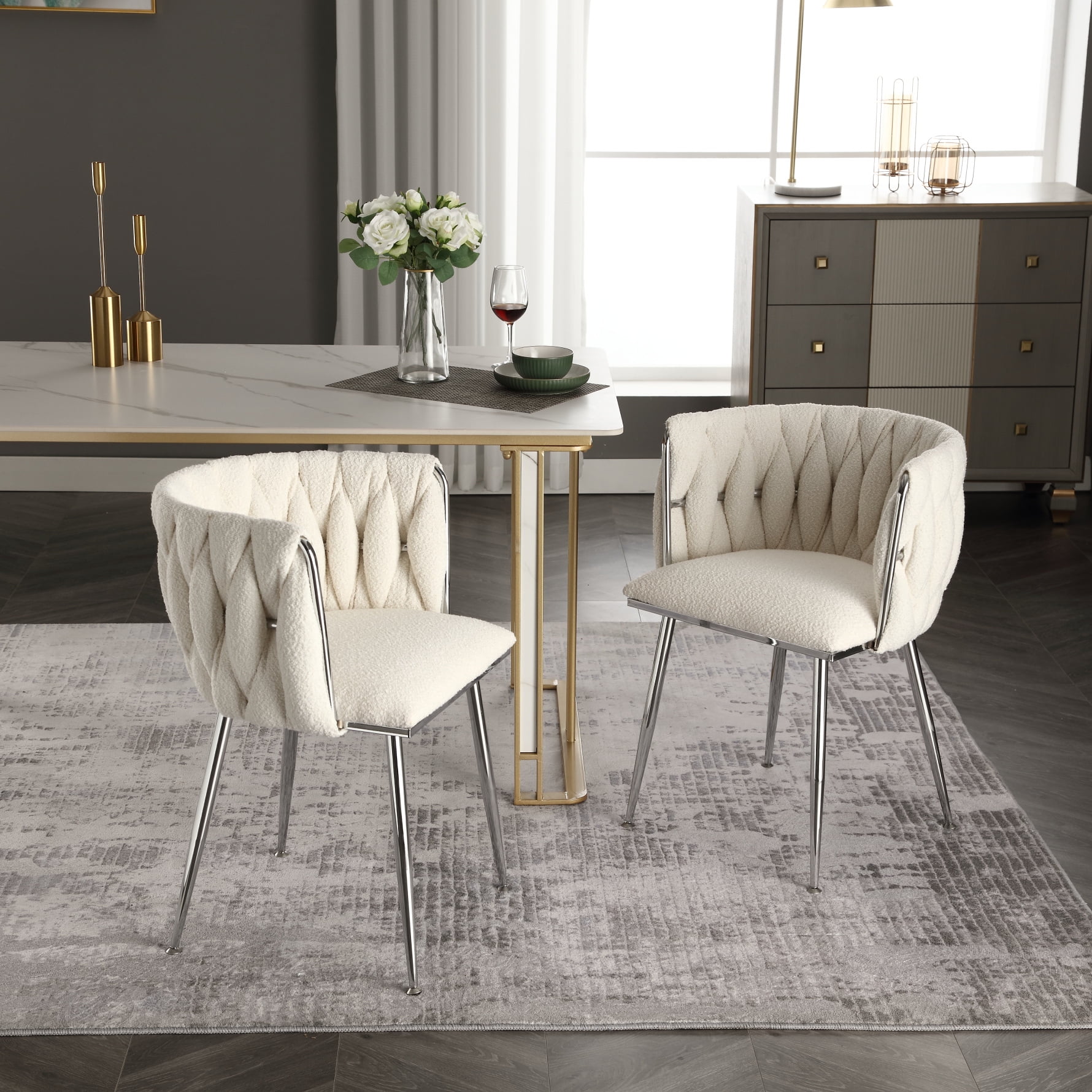 Dining Chairs Set of 2, Boucle Fabric Upholstered Kitchen Chairs with ...