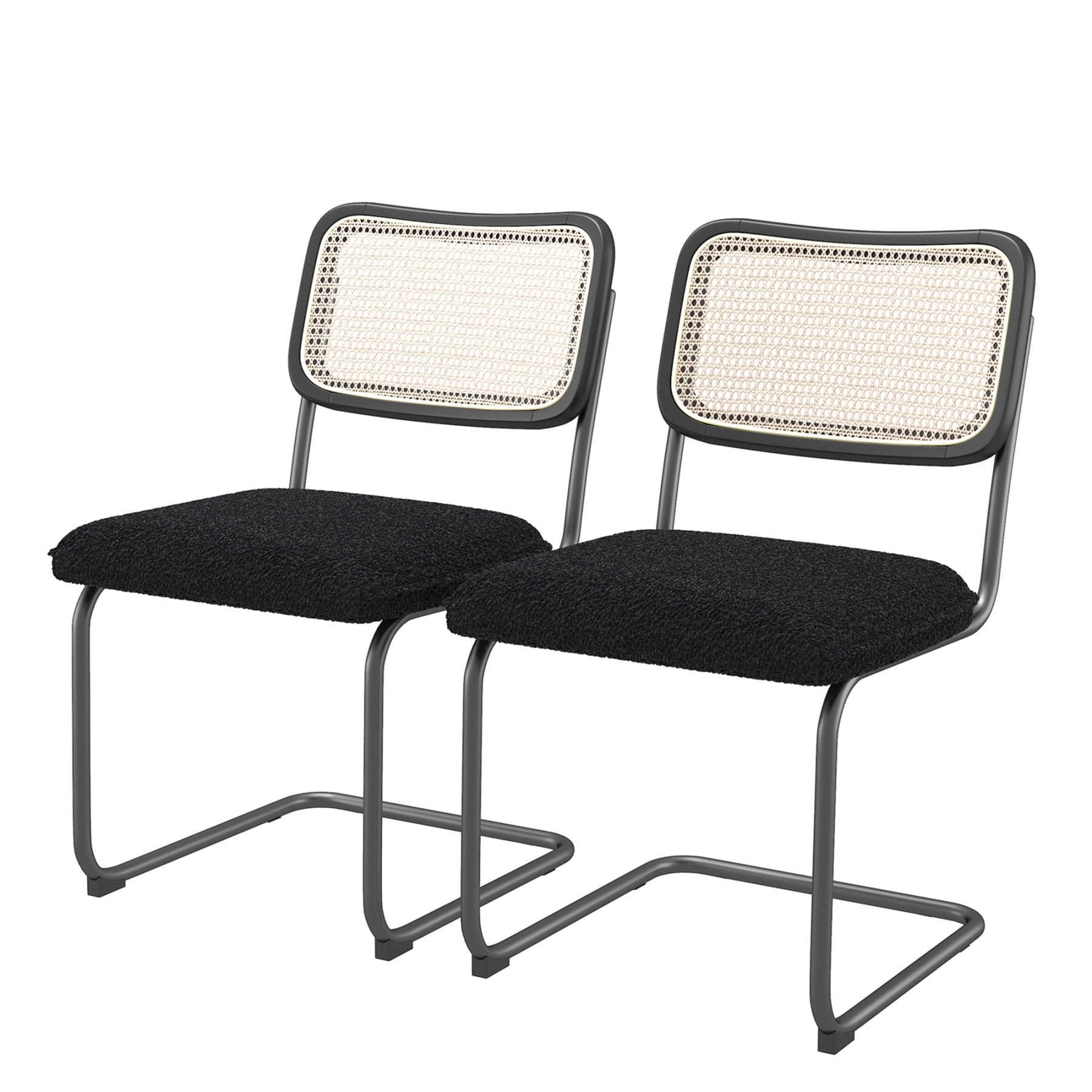 Luxurious Black Teddy Velvet Dining Chairs with Rattan Cane Backrest