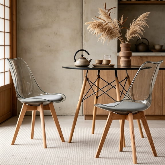 Dining Chairs Set of 2, Clear Acrylic Mid Century Modern Kitchen Chairs with Soft Padded Seat and Wood Legs for Dining Living Waiting Room Bedroom, Light Grey