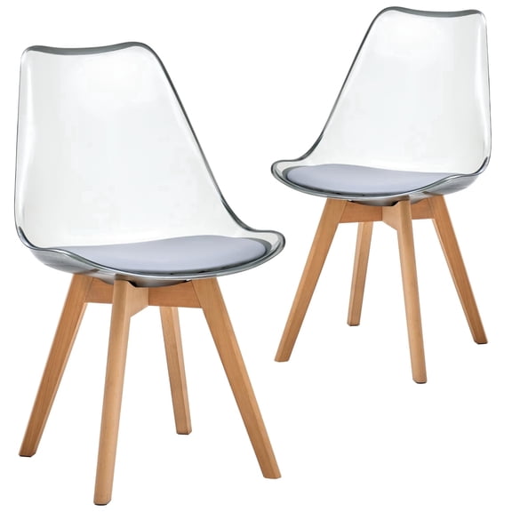 Dining Chairs Set of 2, Clear Acrylic Mid Century Modern Kitchen Chairs with Soft Padded and Wood Legs for Dinner, Living Waiting Room, Bedroom, Apartment, Light Gray