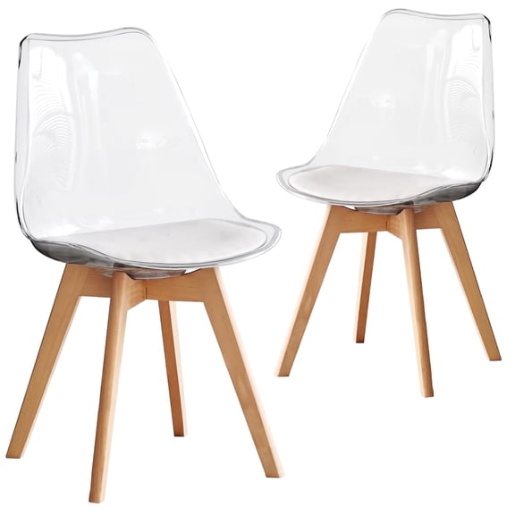 Dining Chairs Set of 2, Clear Acrylic Mid Century Modern Kitchen Chairs with Soft Padded and Wood Legs for Dinner, Living Waiting Room, Bedroom, Apartment, Transparent