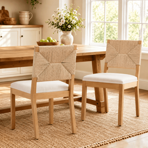 Dining Chairs Set of 2, Farmhouse Rope Rattan Kitchen Chairs with Rope Woven Back, LEGAHOME Upholstered Beige Dining Room Chairs, Wood Side Chair for Kitchen Dining Room