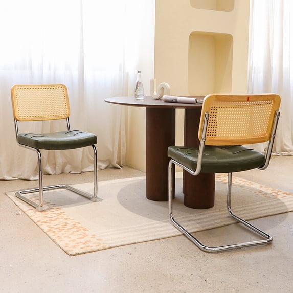 Dining Chairs Set of 2, Fauex Leather Rattan Side Accent Chairs with Legs, Modern Mid Century Breuer Designed Chairs, Upholstered Dining Living Room Kitchen Chairs (Dark Green-2pcs)